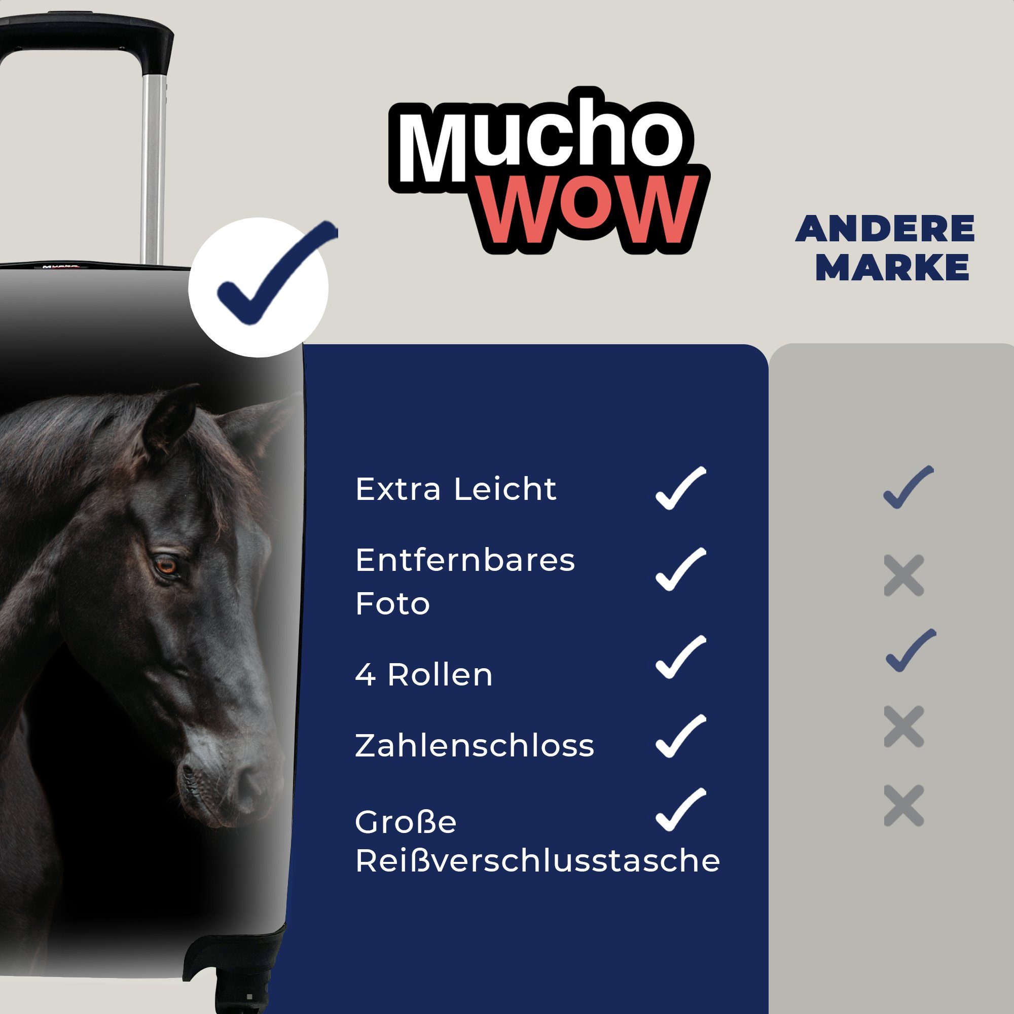 MuchoWow Handgepäckkoffer Pferd 4 mit - Trolley, Handgepäck für Ferien, Reisekoffer Tier Schwarz, Rollen, Reisetasche rollen, 