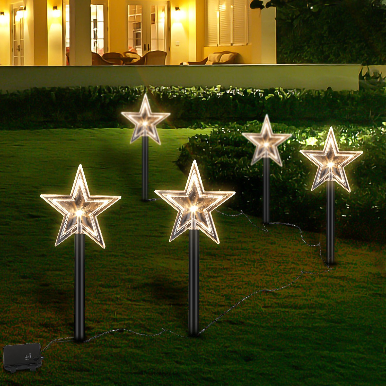 Clanmacy LED Gartenleuchte 5er Sterne Weihnachtsbeleuchtung » Gartenleuchte  »LED Gartenstecker mit Stern als Motiv« Weihnachtsdeko für den Garten,  warm-weiß beleuchtet