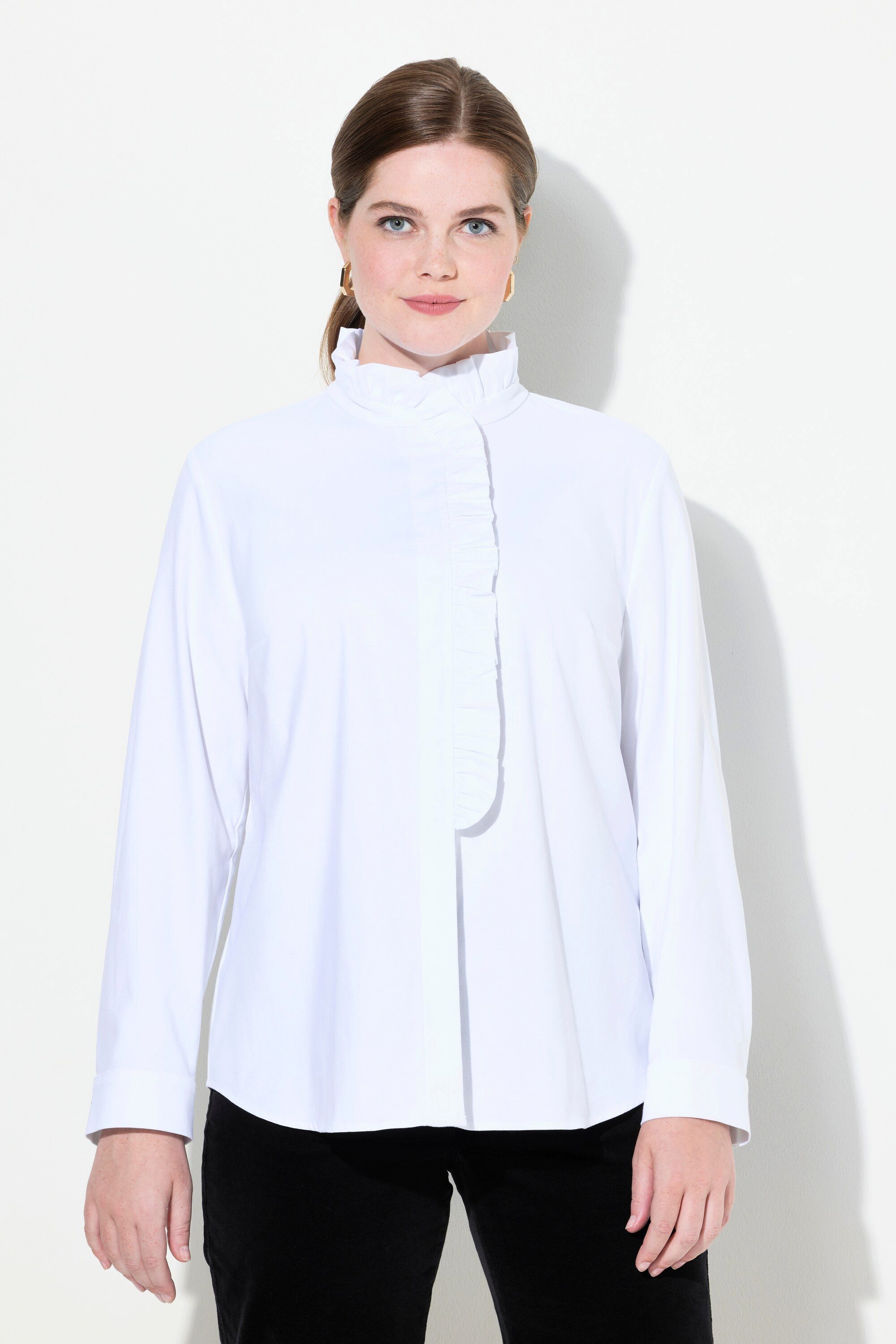 Longbluse Bluse Rüschen Stehkragen Langarm