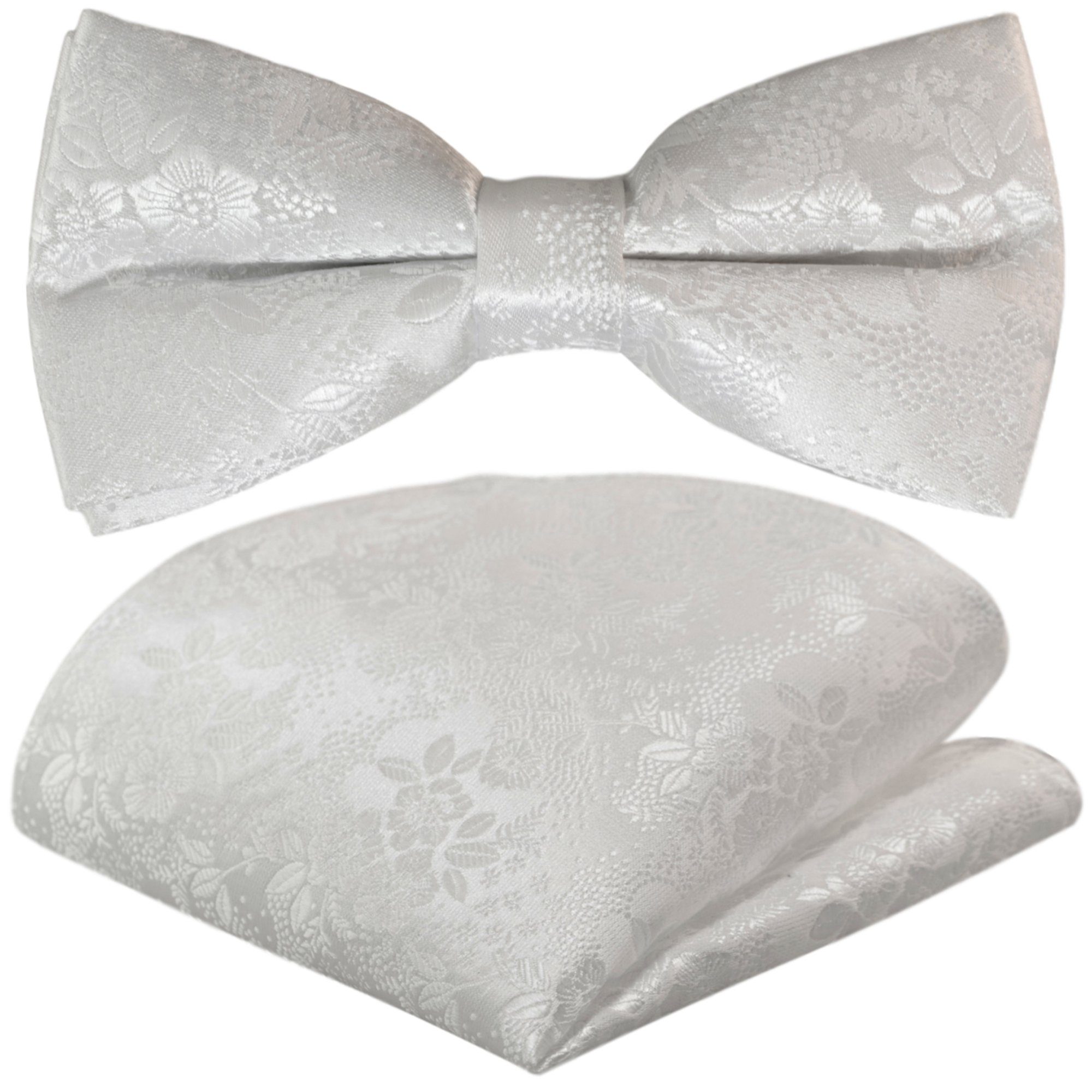 Seide Verstellbar, Touch Herren-Fliege Herrenschleife, mit Vor-Gebunden Hochzeitsfliege Floral, GASSANI Jacquard Hochzeit Festlich, Satin, Bunt Fliege Schleife (Set, 2-St., Paisley Geblümt Weiß Tuch Einstecktuch) Blumen,