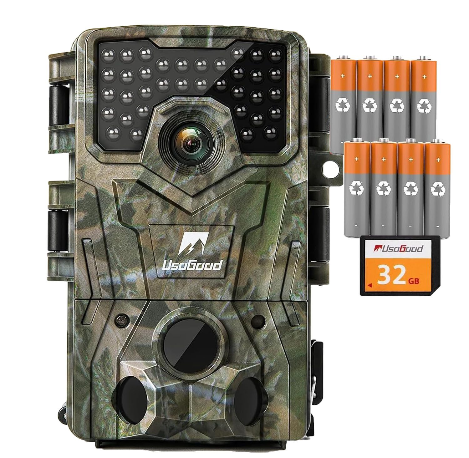Usogood Wildkamera Wildkamera Überwachungskamera Outdoor mit 32GB karte und 8 Batterien (Außenbereich, für Outdoor-Gartenüberwachung Außenbereich Sicherheit, Jagdkamera Wildtierkamera mit Nachtsicht 0.3s Auslöser, 1-tlg., 120° Weitwinkel 36 Stücks 850nm I