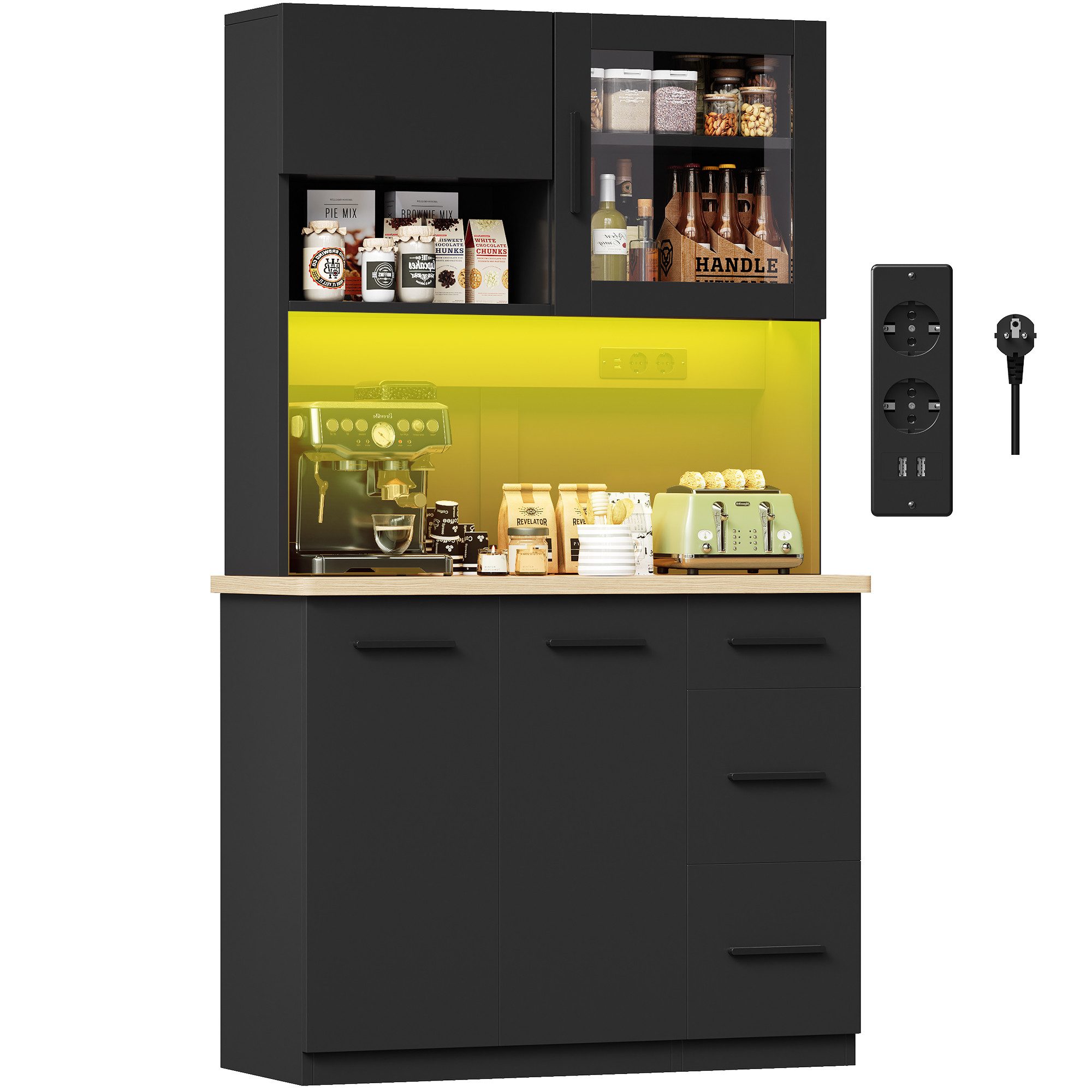 GUNJI Küchenbuffet Hohe Schränke, Küchenzeilen, Sideboards, mit LED-Beleuchtung (Maße: 100 × 40 × 182 cm, mit 3 Schubladen + 3 Schranktüren + 1 offenem Staufach und Arbeitsplatte, 2 Steckdosen + 2 USB-Anschlüssen, mit verstellbaren Einlegeböden)
