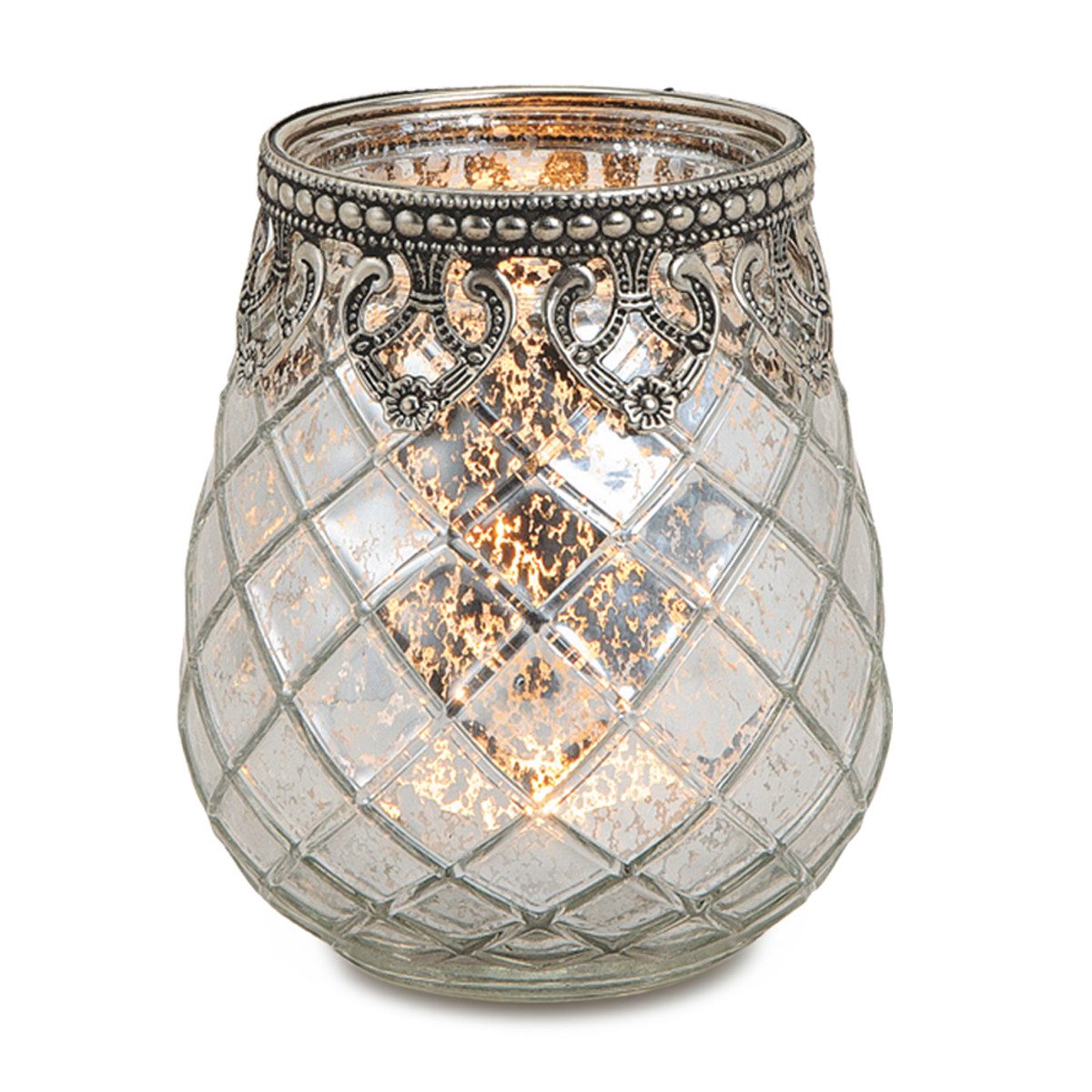 matches21 HOME & HOBBY Kerzenhalter Vintage Kerzenglas Laterne als Outdoor Windlicht silber in 10 cm (1 St), Moderner Glas Teelichthalter als Kerzenständer Tisch-Deko Balkon
