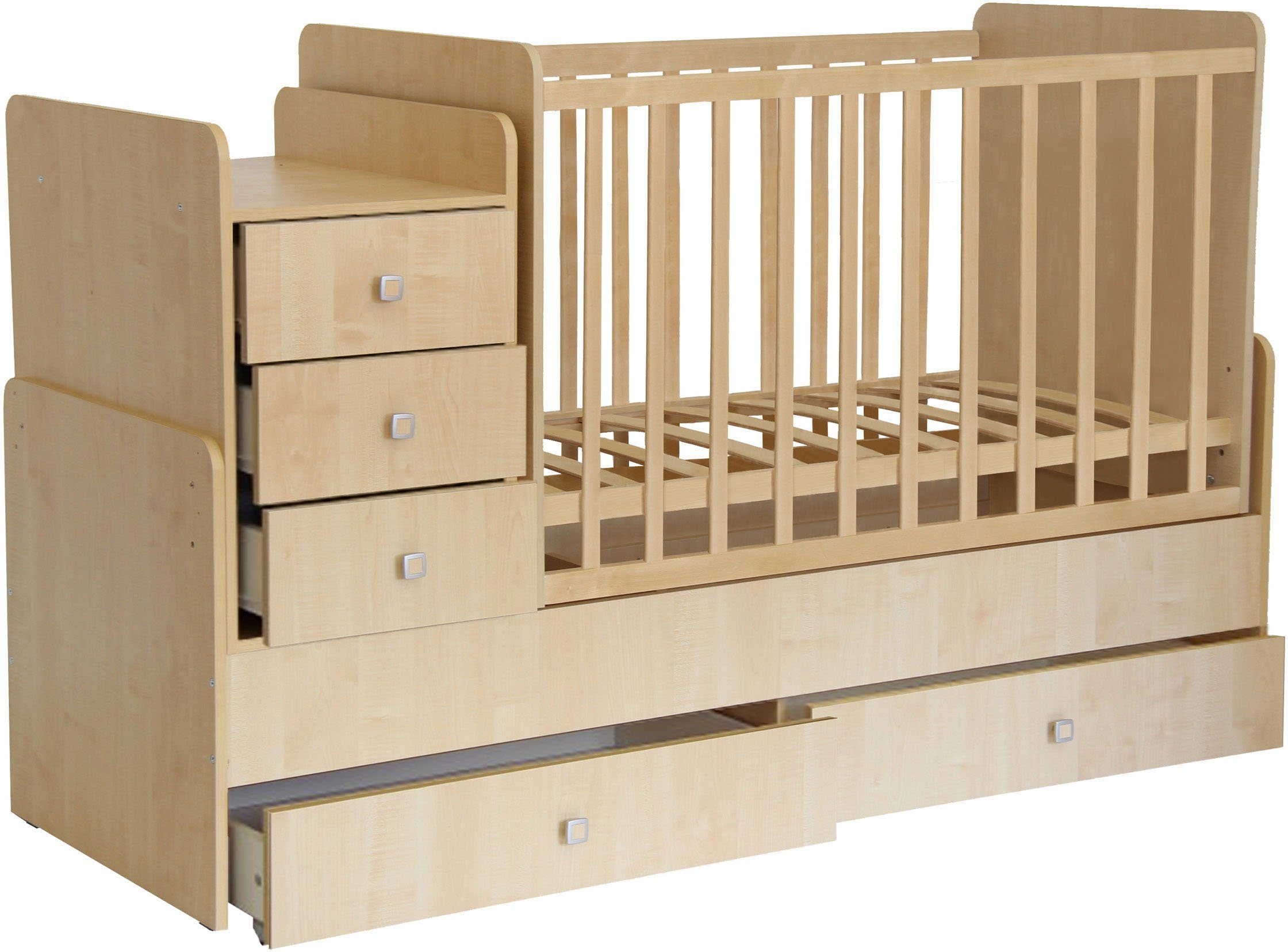 Polini kids Babybett »Simple 1100, natur«, mit zwei Bettschubkästen und Wickelstation, umbaubar zu Juniorbett und Kommode-HomeTrends