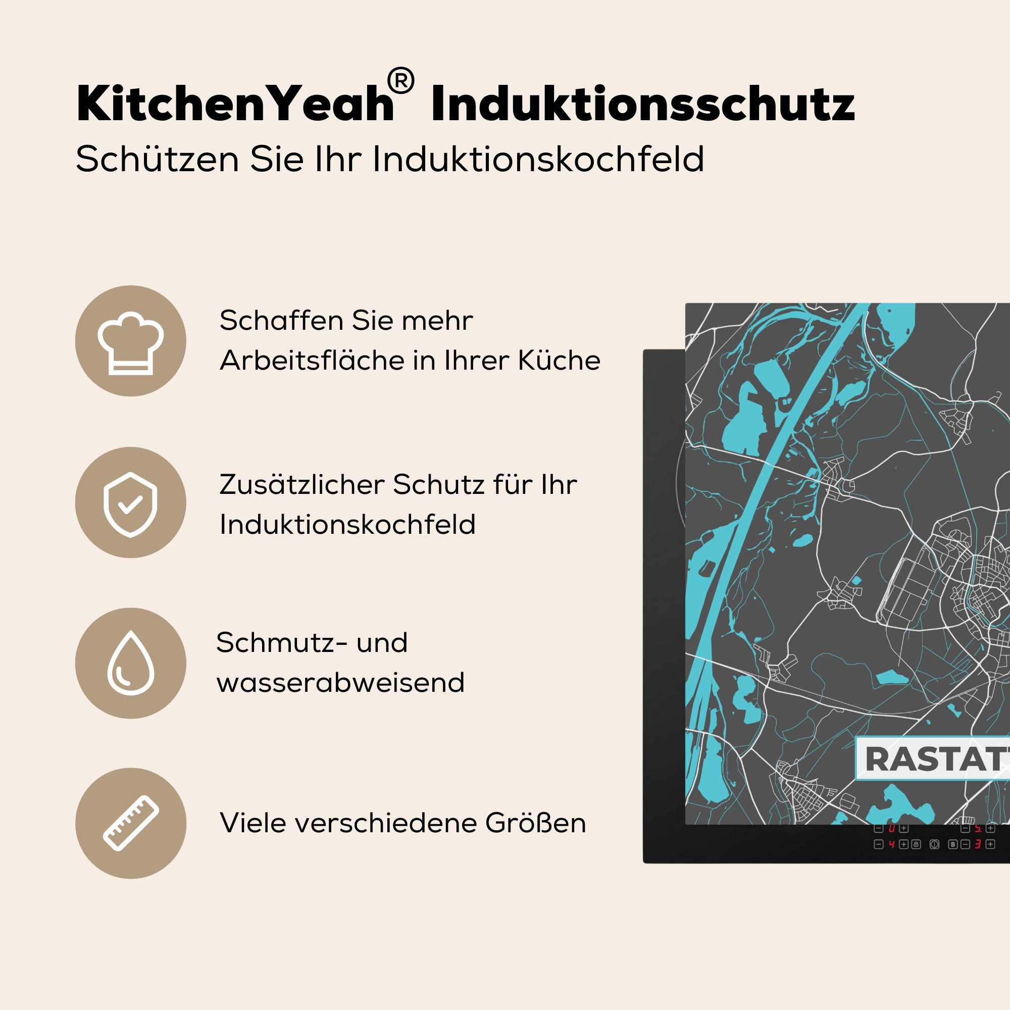 küche Karte, - Blau Ceranfeldabdeckung, Vinyl, 78x78 - MuchoWow Deutschland Stadtplan Arbeitsplatte (1 - - tlg), für Herdblende-/Abdeckplatte cm, Rastatt