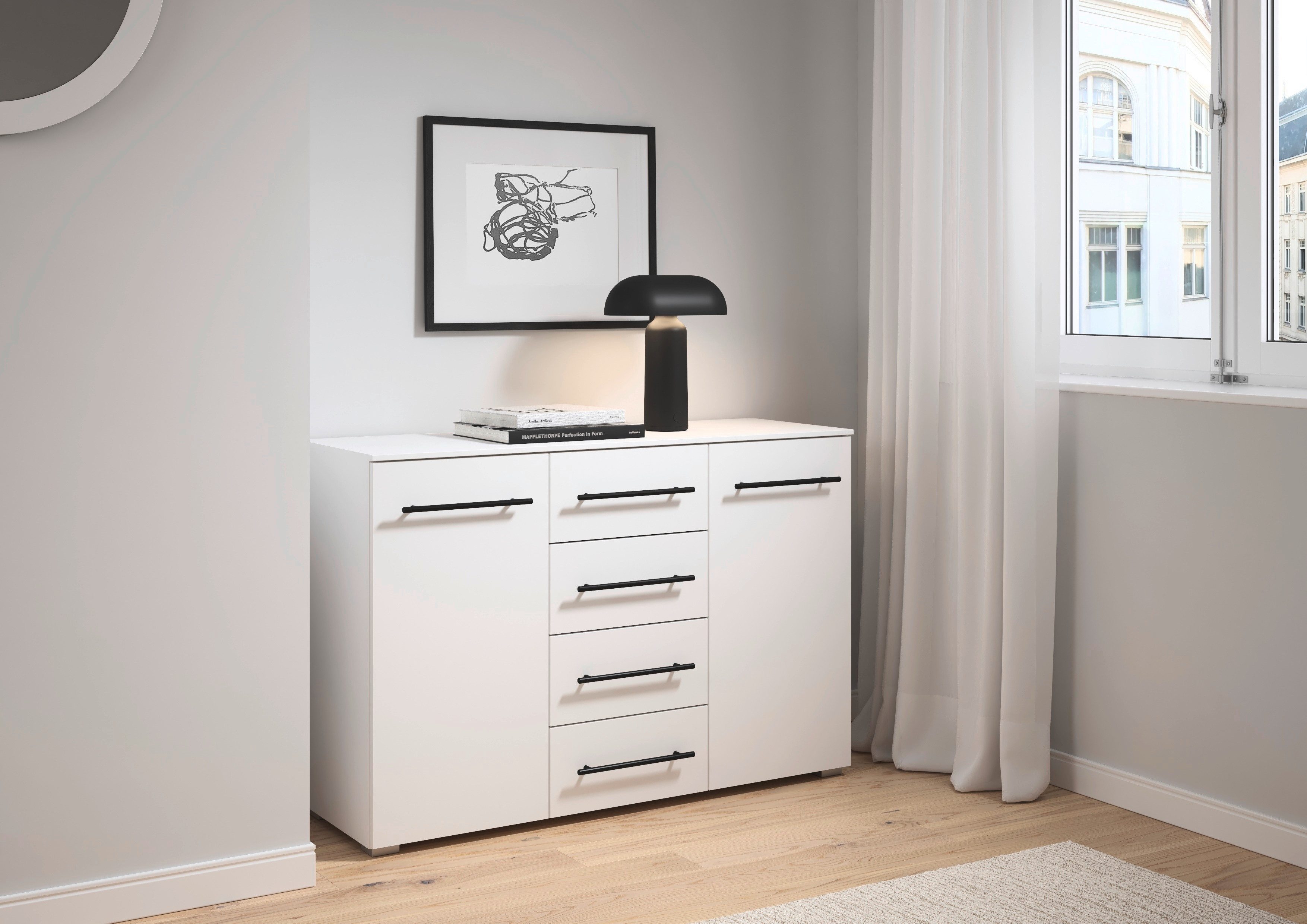rauch Kombikommode Sideboard Schubladenkommode AVOLA mit Dekorfront (Breite 120 cm inkl. Soft-Close-Funktion), vier große Schubladen und 2 Türen, mit 4 Einlegeböden MADE IN GERMANY