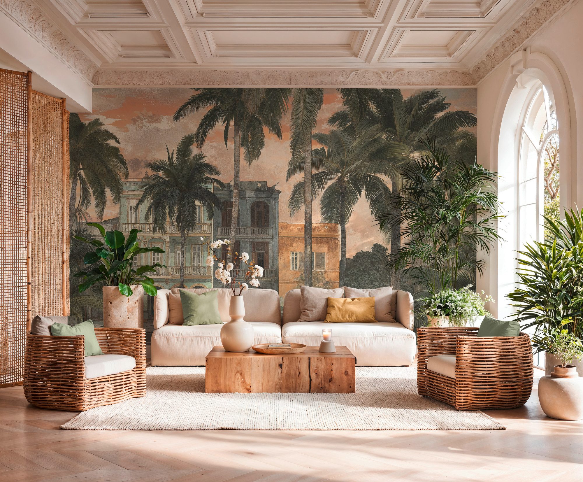 A.S. Création Vliestapete Cuba II Vintage Havana Palms Fototapete, leicht strukturiert, 3D-Optik, Stadt, floral, Tropisches Stadtmotiv mit Palmen und architektonischem Flair