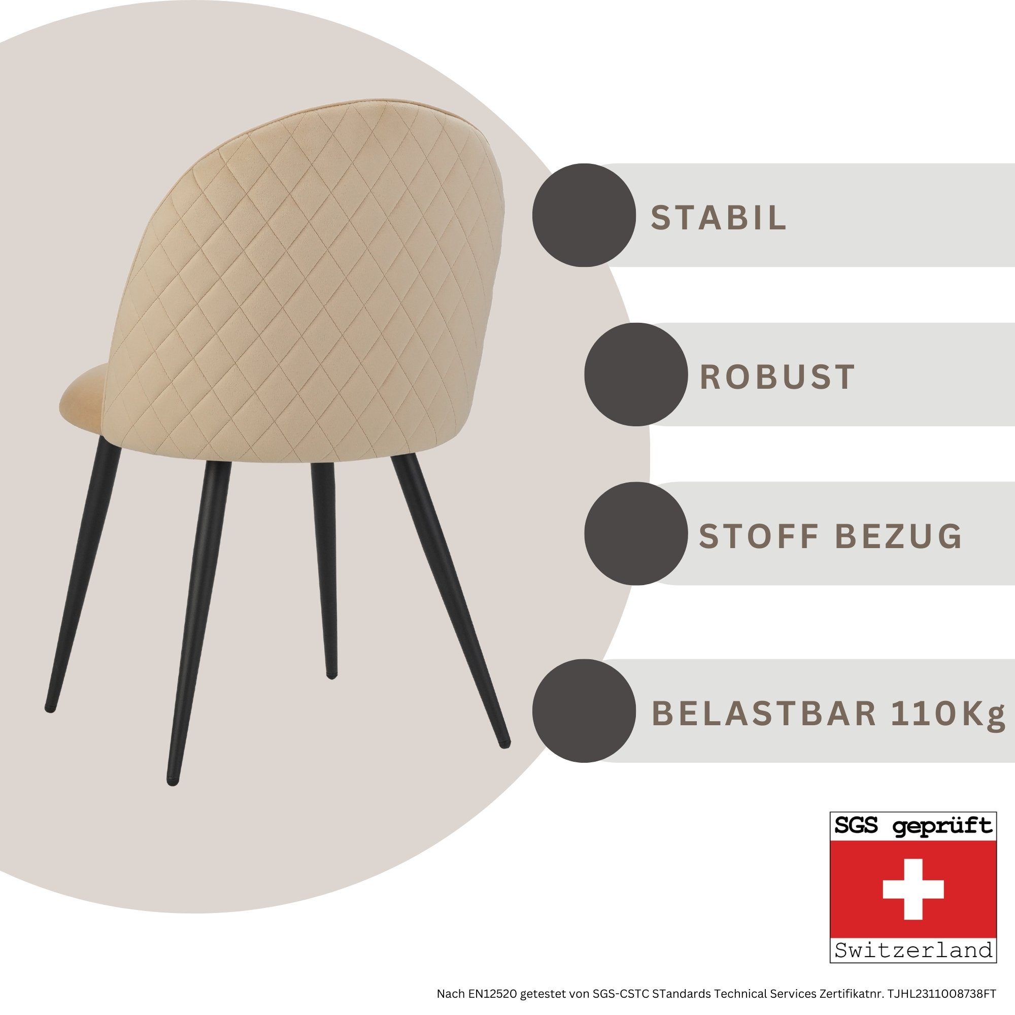 Albatros International Esszimmerstuhl Esszimmer Stühle 4 er Set CAPO, Stuhl Stühle Esszimmerstühle, Küche (4er Set, Beige, Samt Bezug), Küchenstuhl Küchenstühle – Bild 4 von 5