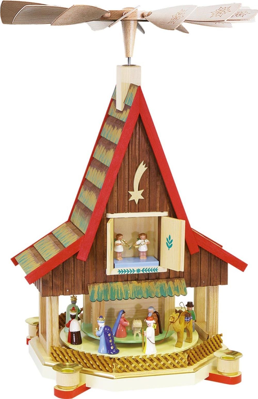 Richard Glaesser Weihnachtspyramide Adventshaus Christi Geburt bunt, 53 cm, #09080, Handwerkskunst original Erzgebirge