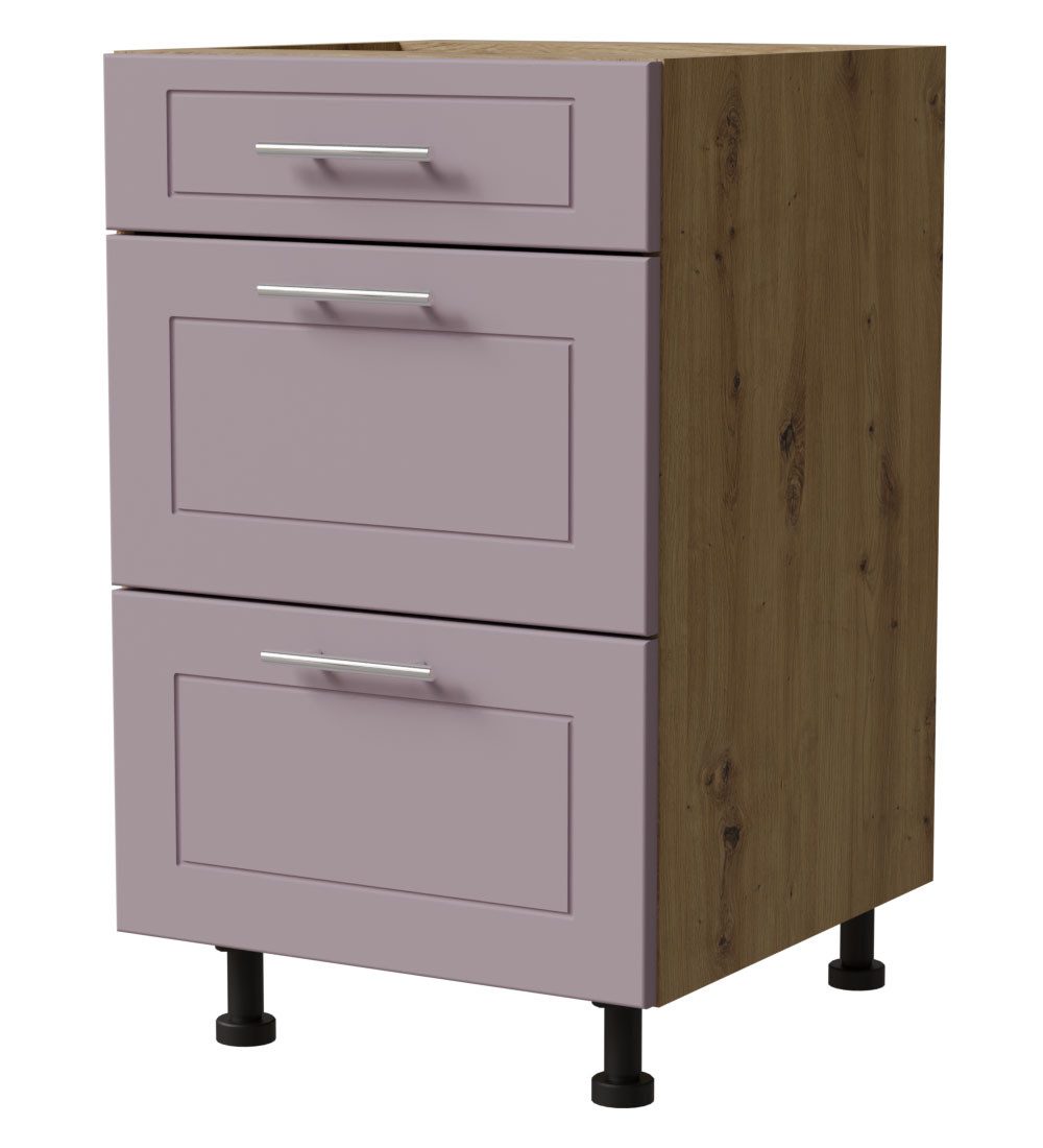 Feldmann-Wohnen Auszugsunterschrank Bari (D3M/50, 3 Schubladen, Blum Metabox Teilauszug, 1-St., moderne Kassettenoptik, lackierte Fronten, 50x50x82cm) Eiche Artisan / RAL 4009 pastellviolett matt