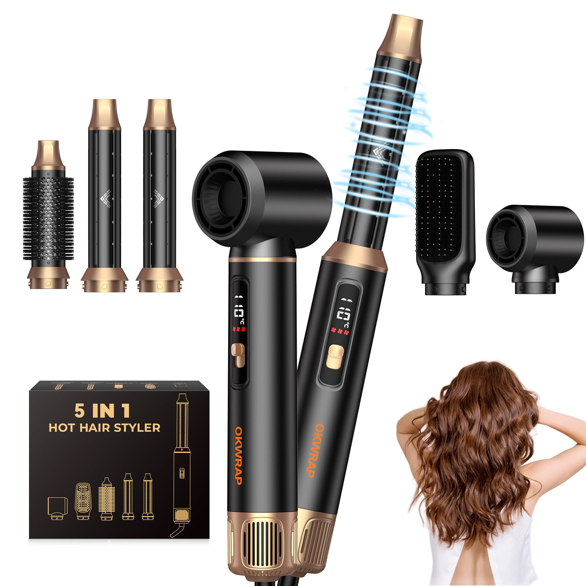 UKLISS Multihaarstyler 5-in-1 Haarstyler-Set mit LCD-Display, Airbrush, Rundbürste, Föhn, Heißluftbürste, Lockenstab & Thermobürste