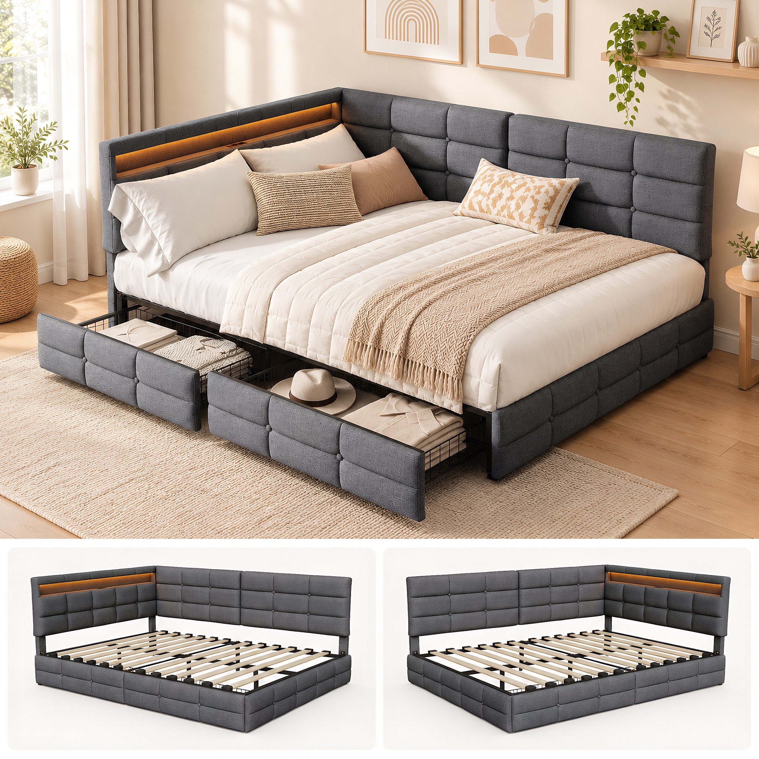 Simurq Polsterbett Daybett mit LED-Beleuchtung & USB, Tagesbett Jugendbett (1-tlg., in 2 Größen verfügbar), Schlafsofa Sofabett mit 2 Schubladen