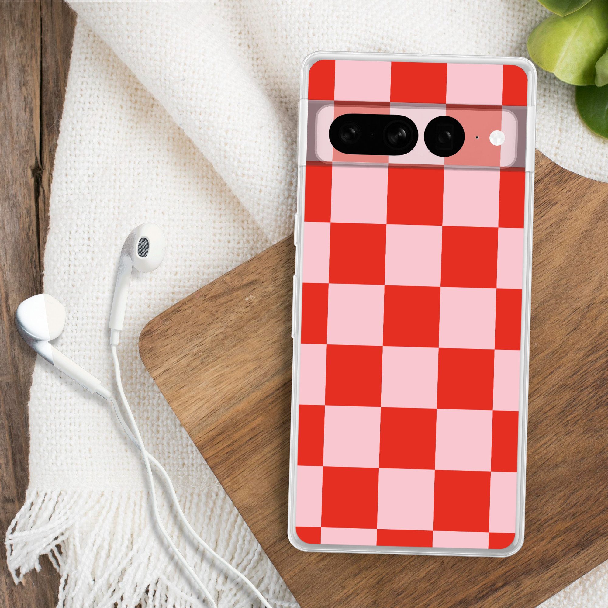 MuchoWow Handyhülle für Google Pixel 7 Pro Schachbrettmuster - Rot - Rosa - Würfel, Phone Case, Silikon, Schutzhülle Dünn