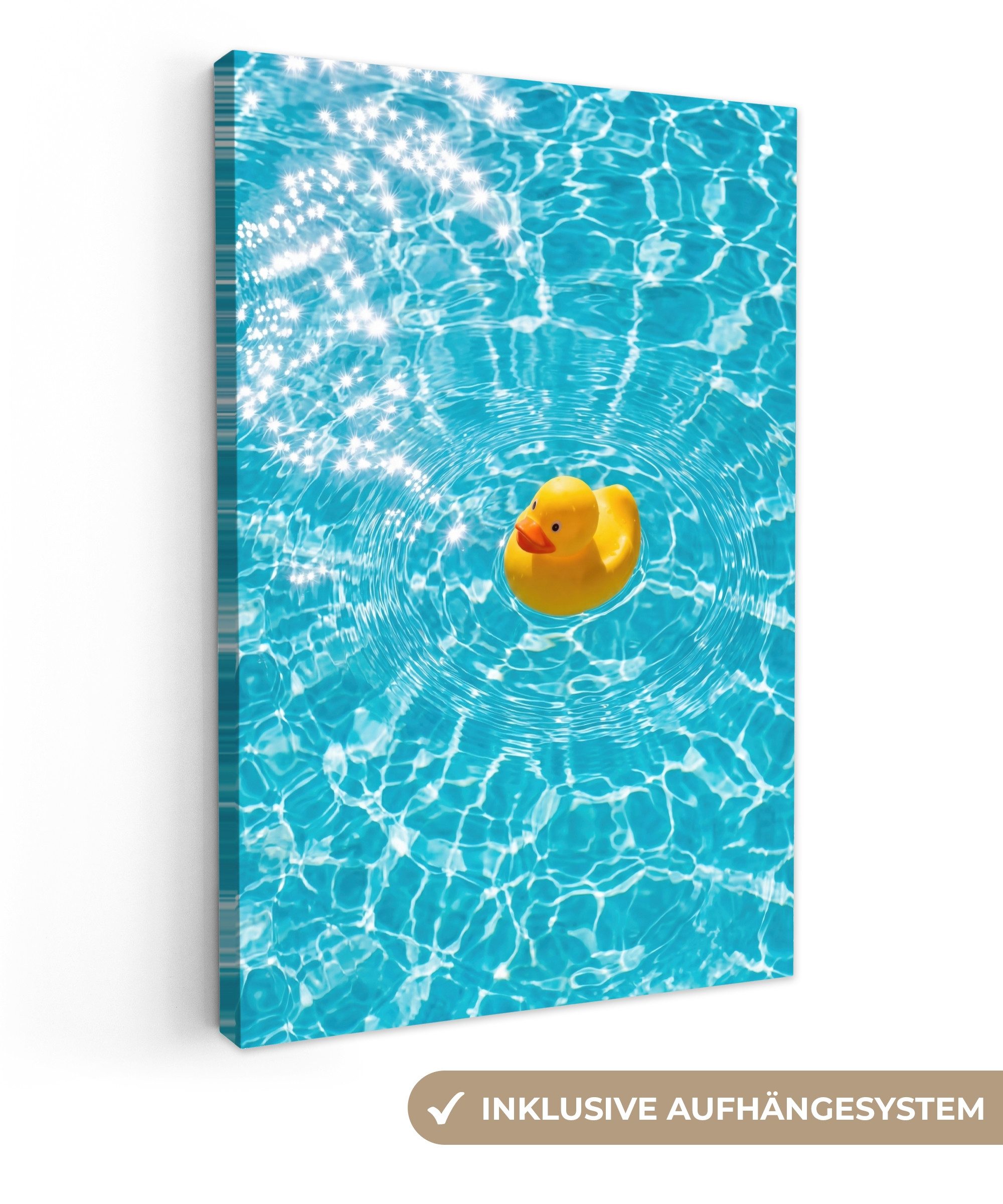 OneMillionCanvasses® Leinwandbild Gummi-Ente - schwimmend - Blau, Fotodruck (1 St), Bilder groß Wohnzimmer Schlafzimmer 80x120 cm