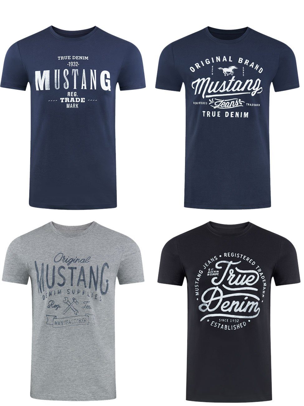 MUSTANG T-Shirt Herren Printshirt Alex C Basic Print Regular Fit (4-tlg) Kurzarm Tee Shirt mit Rundhalsausschnitt aus 100% Baumwolle