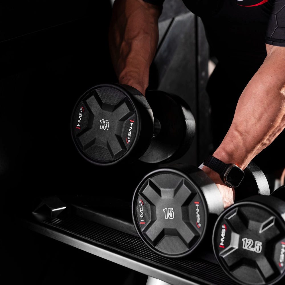 HMS Kurzhantel Fitnesshantel 15 kg Hantel, (Set, Langlebigkeit), Gerändelter, verchromter Griff sorgt für rutschfesten Halt