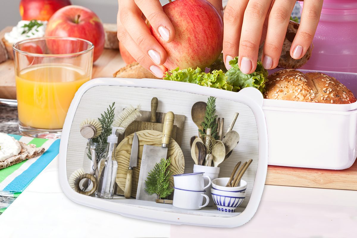Kunststoff, Brotbox Erwachsene, und Kochgeschirr Kinder - Lunchbox - (2-tlg), Küche Besteck, für Brotdose, weiß für Mädchen Jungs und MuchoWow