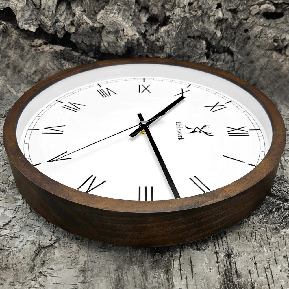 Holzwerk Wanduhr Designer Holz Wand Uhr, römische Ziffern (Nahezu lautloses Uhrwerk, analog, 30 cm)