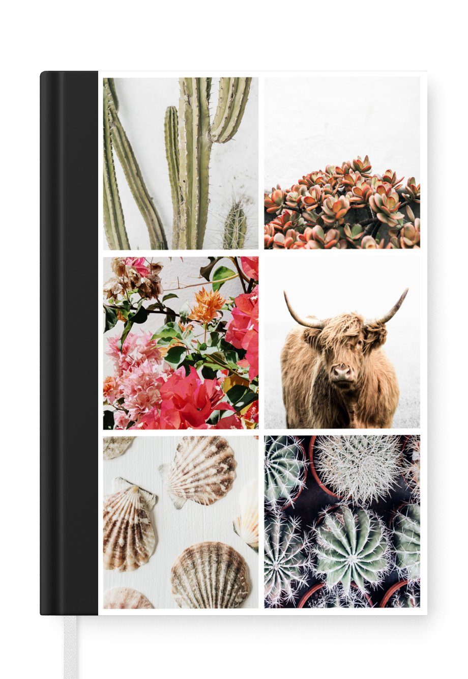 MuchoWow Notizbuch Schottischer Highlander - Collage - Blumen - Kaktus, Journal, Merkzettel, Tagebuch, Notizheft, A5, 98 Seiten, Haushaltsbuch