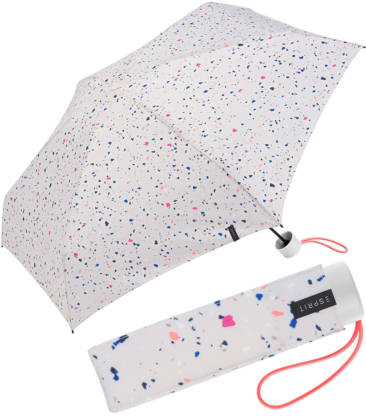 Esprit Taschenregenschirm Mini Regenschirm Petito - Terrazzo Dots - weiß, winzig klein, in den neuen Trendfarben