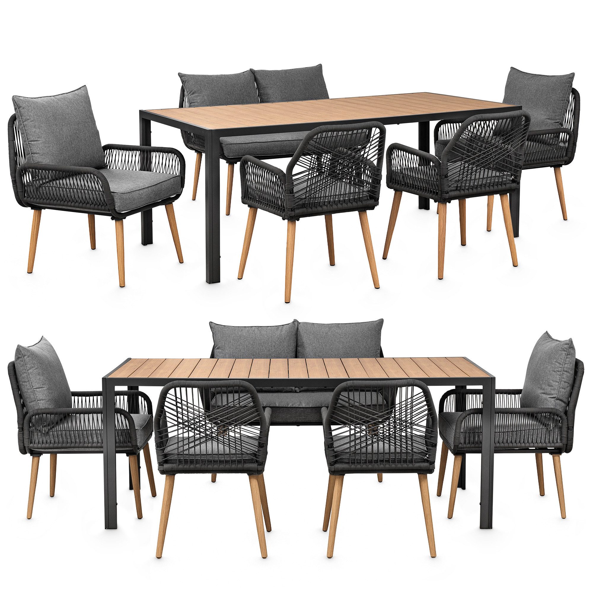Swing&Harmonie Gartenlounge-Set für 4-6 Personen mit Tisch, Sofa, Stühle, Esstisch, (wetterfest, WPC-Tischplatte, Seilgeflecht Lounge, inkl. Kissen Sienna Garten Sitzgruppe), Outdoor Essgruppe