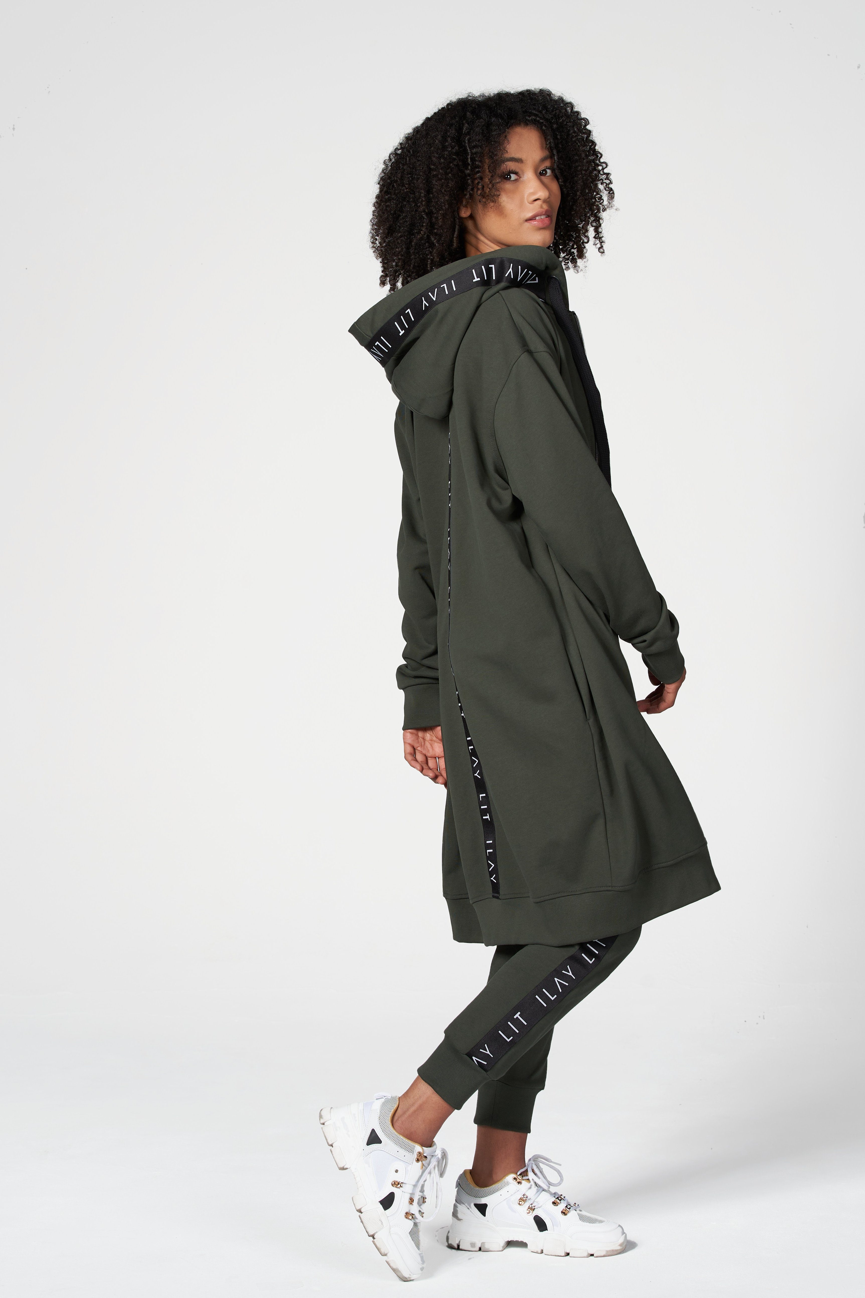 ILAY Lit Kapuzensweatjacke Midi Coat-Olive-Lässiger Hoodiemantel im Urban Style Labelband am Rücken