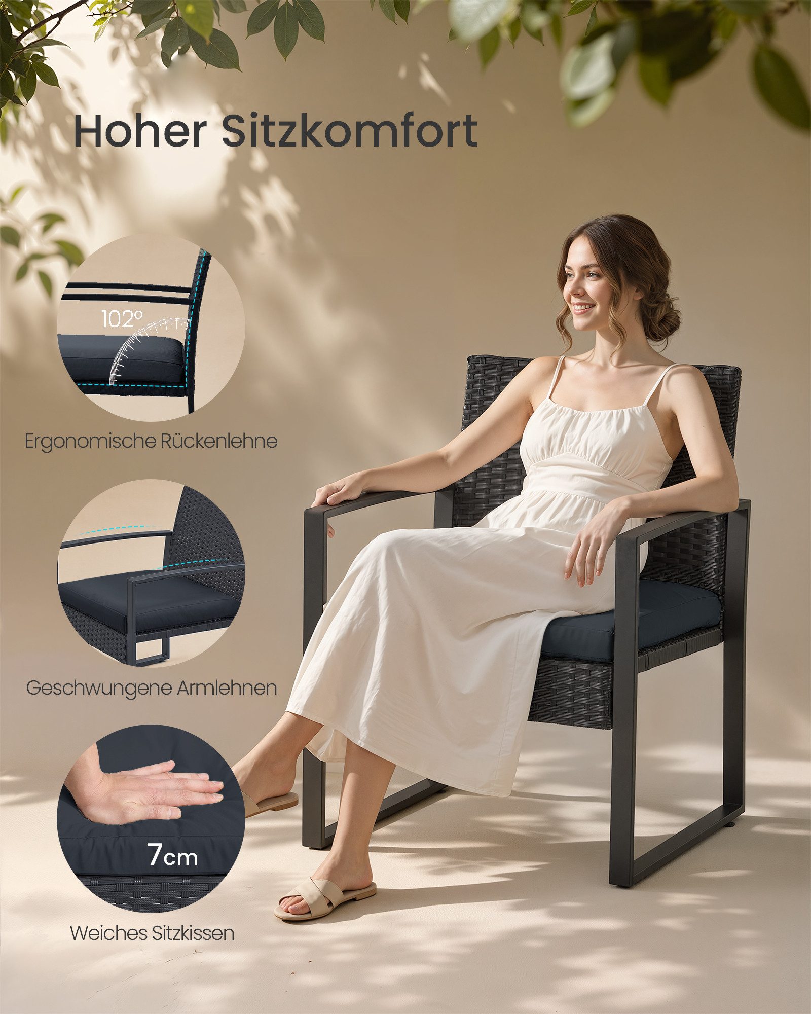 SONGMICS Balkonset Balkonmöbel, Gartenmöbel-Set, aus PE-Polyrattan, für Terrasse, Balkon, (3-tlg., 2 Stuhl, 1 Tisch, mit Kissen), Lounge-Set, Terrassenmöbel, einfache Montage