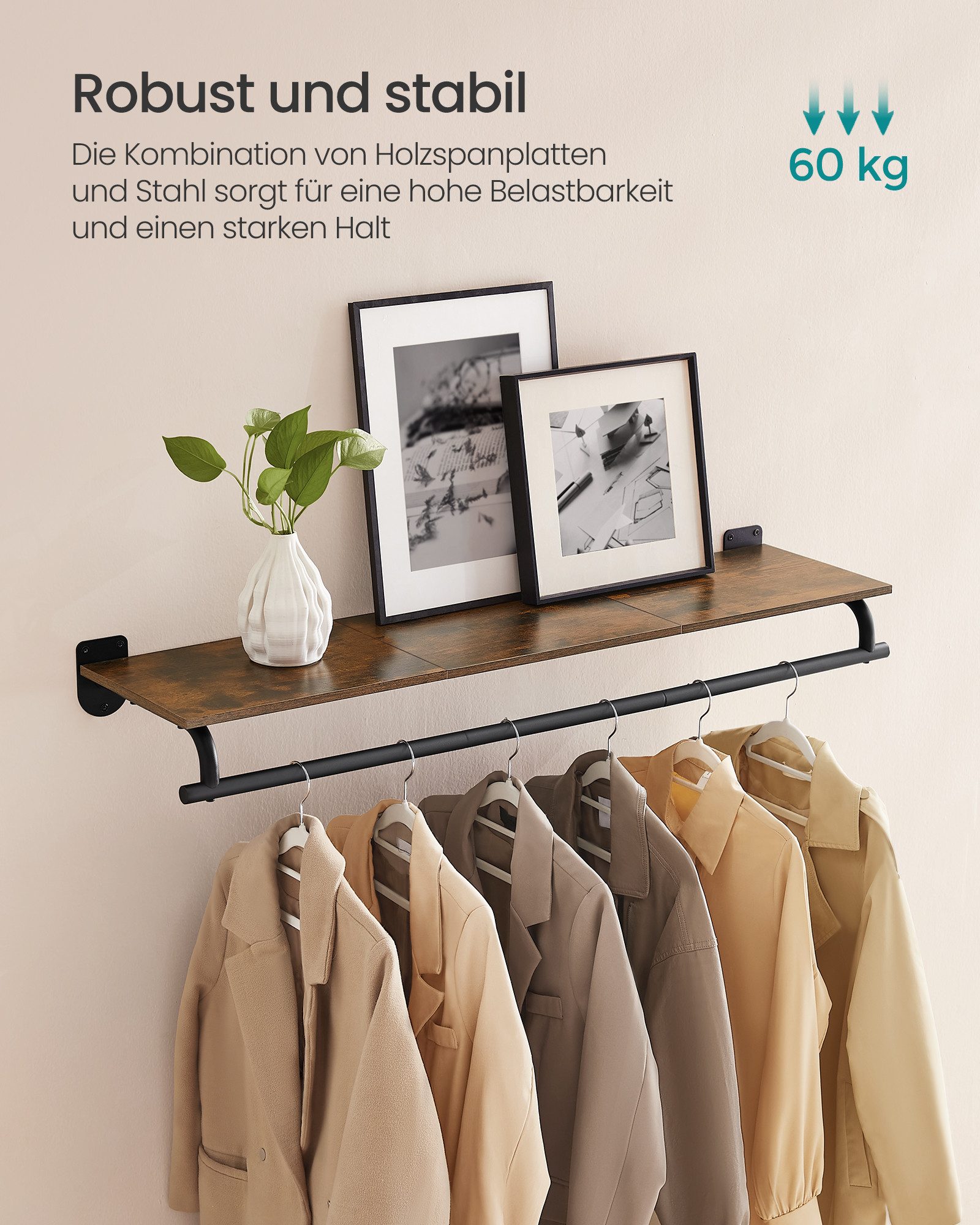 SONGMICS Wandgarderobe, Garderobe, Wandregal mit Kleiderstange, Schlafzimmer