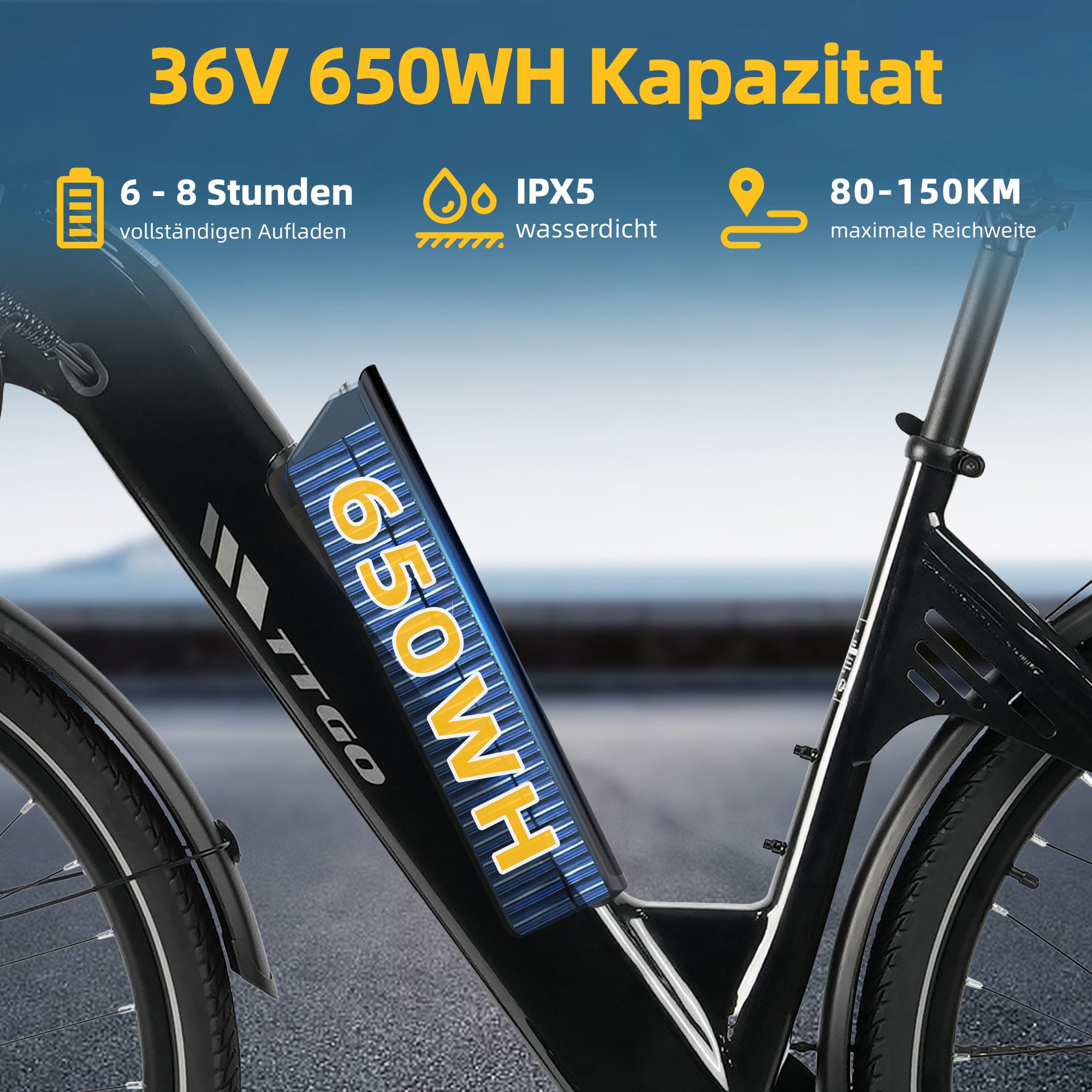 TTGO E-Bike Cityrad 28 Zoll, 55Nm, 650Wh, 150km, Elektrofahrrad für Damen und Herren, 7 Gang Shimano, Kettenschaltung, Heckmotor, 650 Wh, (Alu-Pedale, max. Bela – Bild 5 von 5