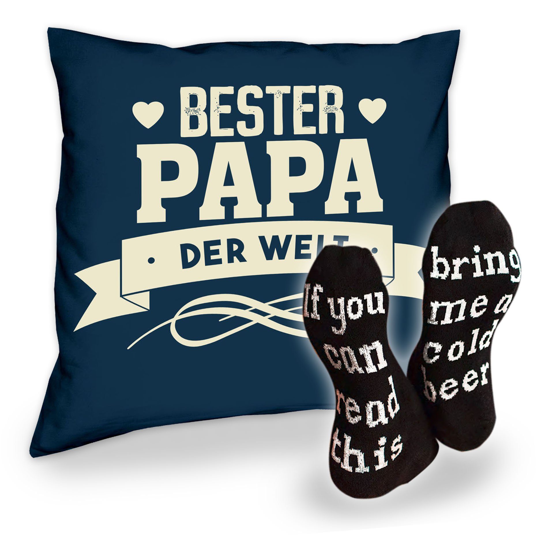 Soreso® Dekokissen Kissen Bester Papa der Welt und Socken mit Bier Spruch, Geschenkidee Weihnachtsgeschenk navy-blau