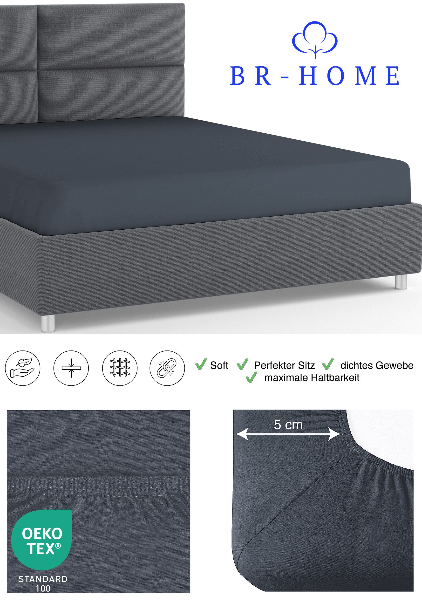 BR-Home Spannbettlaken bis zu 25cm, 100% Baumwolle Jersey Bettlaken, Spannbetttuch 145 g/m², Gummizug: rundum, (1 Stück), Rundumgummi, Atmungsaktiv – Bild 5 von 5