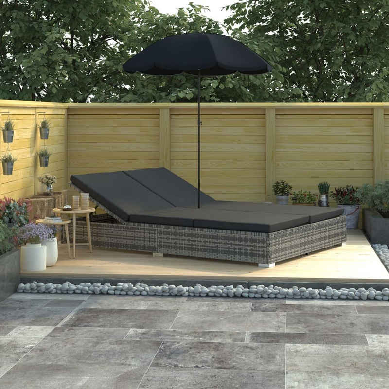 vidaXL Gartenliege Outdoor-Loungebett mit Sonnenschirm Poly Rattan Grau