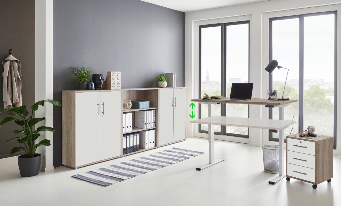 moebel-dich-auf Schreibtisch e-OFFICE EDITION (Büromöbel-Set, Aktenschränke abschließbar, Made in Germany, Set 9), mit elektrisch höhenverstellbarem Schreibtisch Korpus-Front: Eiche Sonoma / weiß matt | Gestell: weiß lackiert | Tischplatte: Eiche Sonoma