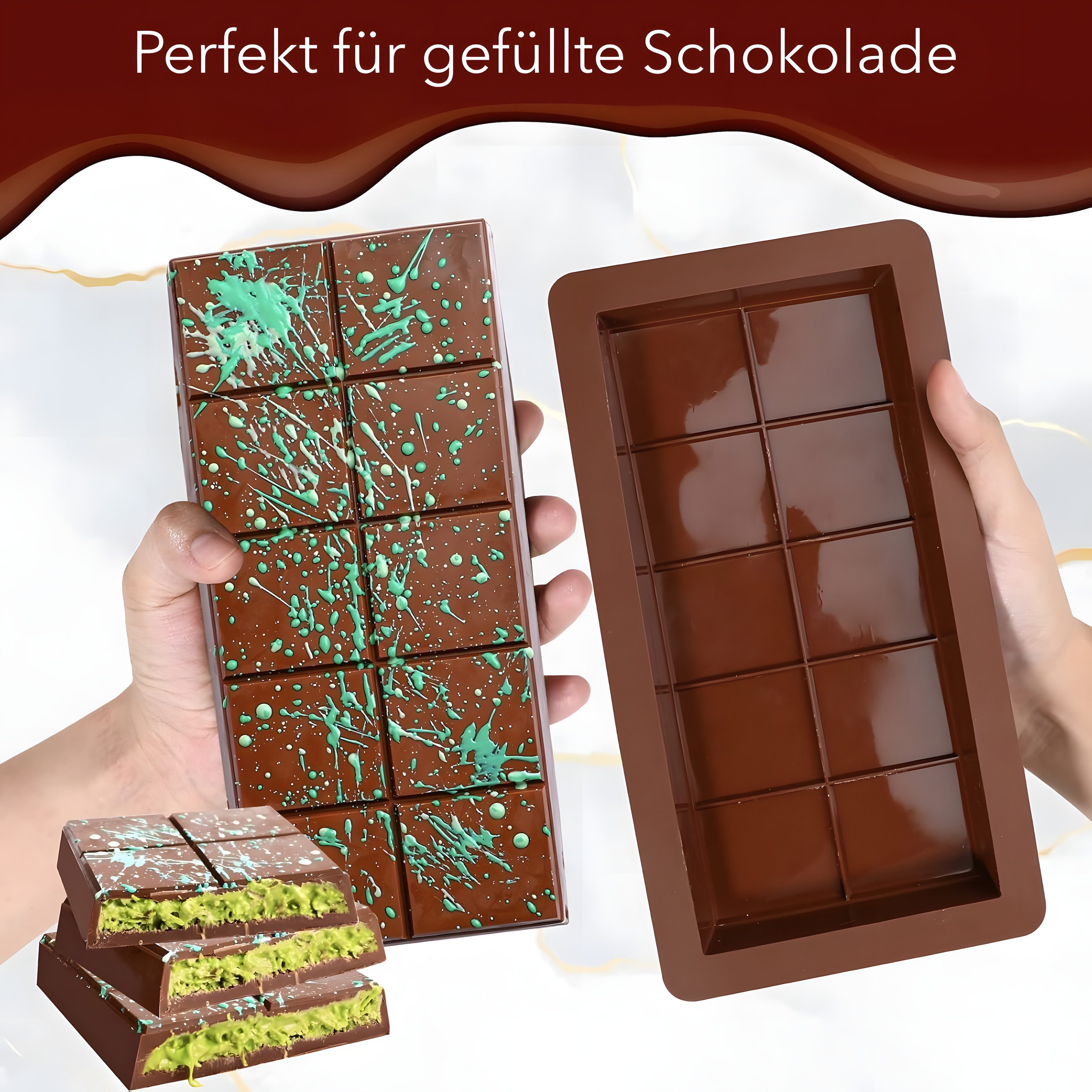 AVANA Schokoladenform aus Silikon Dubai Schokolade tiefe Silikonform Schokoladentafel Form, (Set 2-tlg), BPA-frei, antihaftbeschichtet, Braun – Bild 3 von 5
