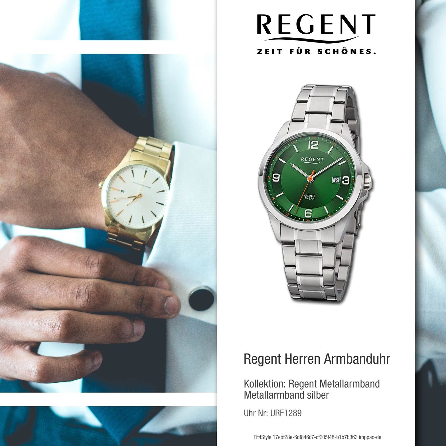 Metallarmband Armbanduhr 39mm) Gehäuse, Regent Regent Quarzuhr silber, Herrenuhr rundes Analog, extra (ca. groß Herren