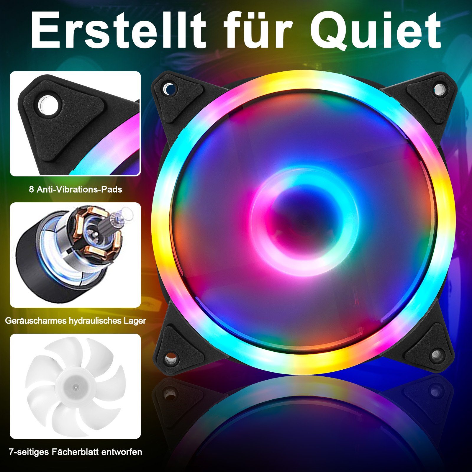 MUPOO Computer-Kühler PC Lüfter 120mm, RGB PC-Gehäuselüfter, Dual Licht Loop RGB LED