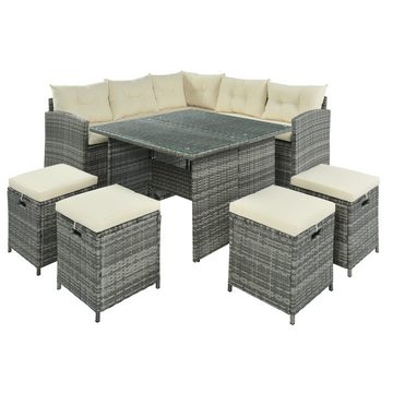 HAUSS SPLOE Gartenlounge-Set 2 Sofas, 4 Hocker mit Esstisch, graues Polyrattan und beige Kissen