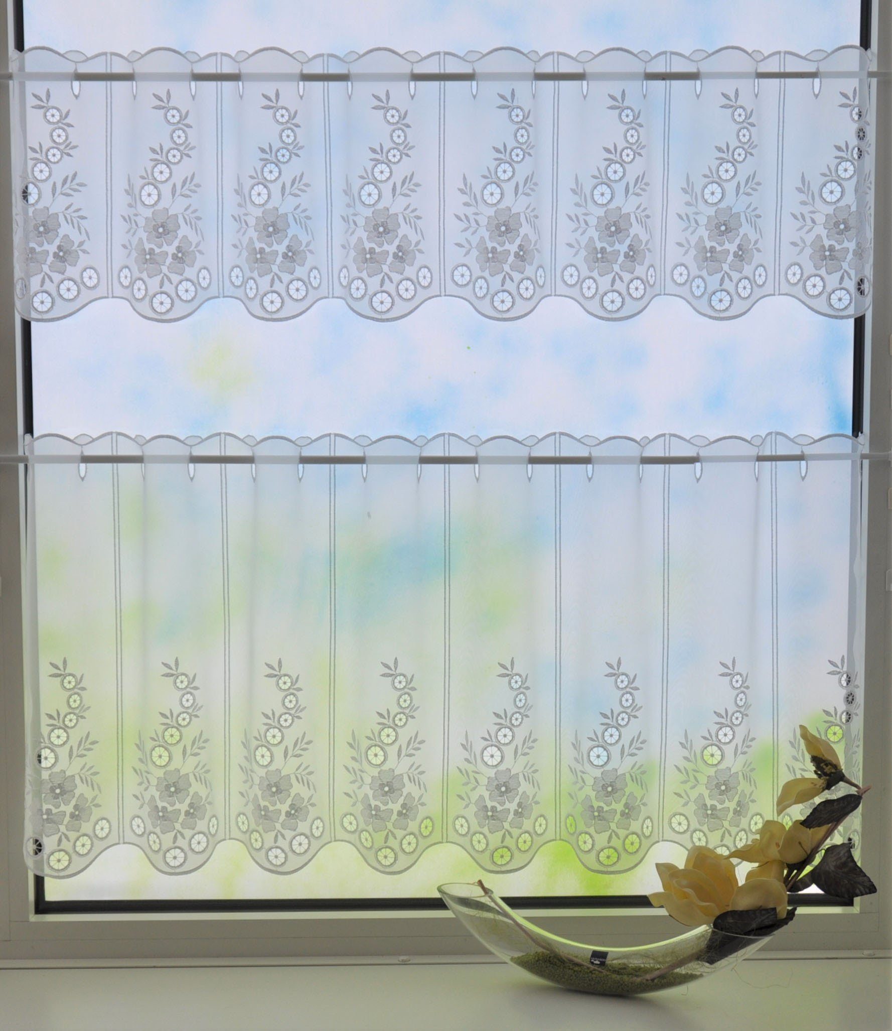 Stickereien Plauen Scheibengardine Kreise (1 St), Stangendurchzug, halbtransparent, Voile
