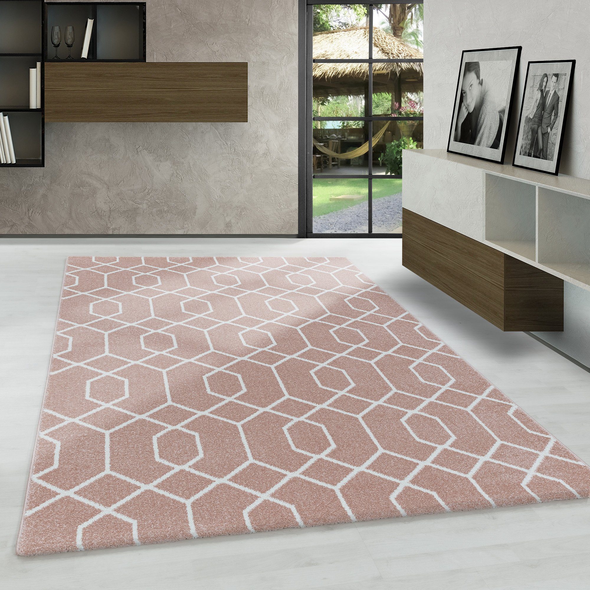 Frisé-Teppich Geometrisch Design, Carpetsale24, Läufer, Höhe: 10 mm, Kurzflor Teppich Geometrisch Design Rosa Teppich Wohnzimmer
