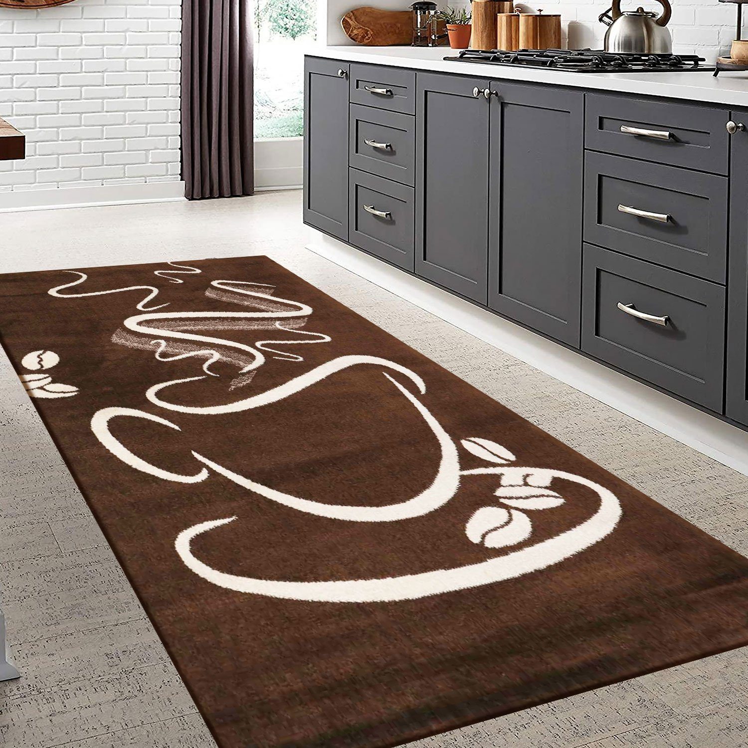 Vimoda Küchenläufer Kaffee Tasse Muster in Braun, Rechteckig, Höhe: 5 mm, Cappuccino,Kaffee, Tasse, Küche, Esszimmer, Flur