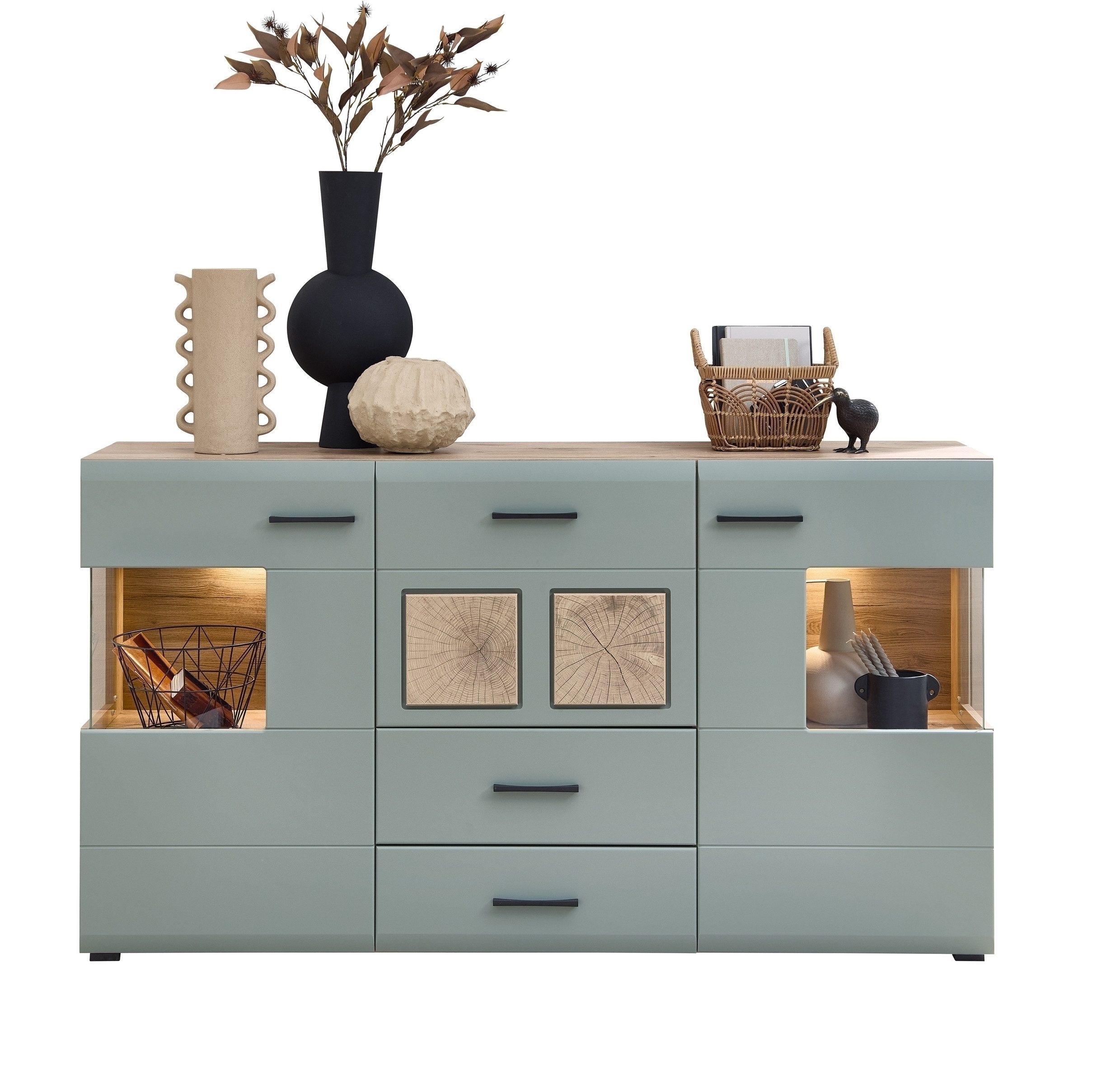 Innostyle Kommode 2 Türen, 3 Schübe, LED, schilfgrün / Eiche Dekor - 170x94x42 (BxHxT)