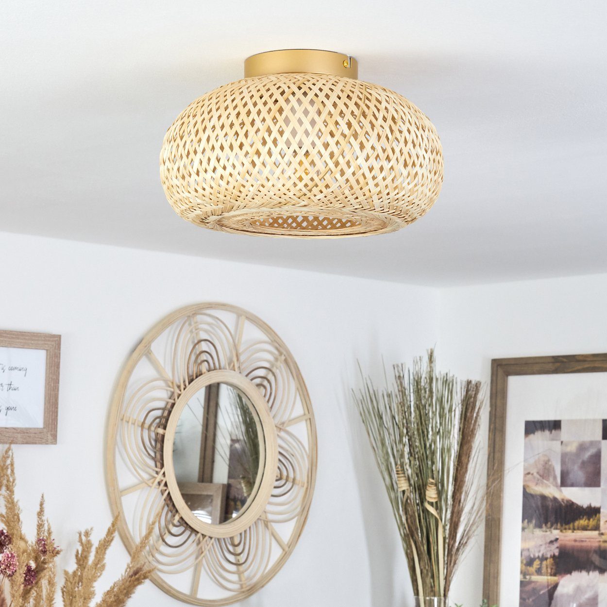 hofstein Deckenleuchte »Decollatura« Deckenlampe aus Metall/Bambus in Goldfarben/Natur, ohne Leuchtmittel, Leuchte im Boho Design mit Lichteffekt, ø29cm, 1xE27