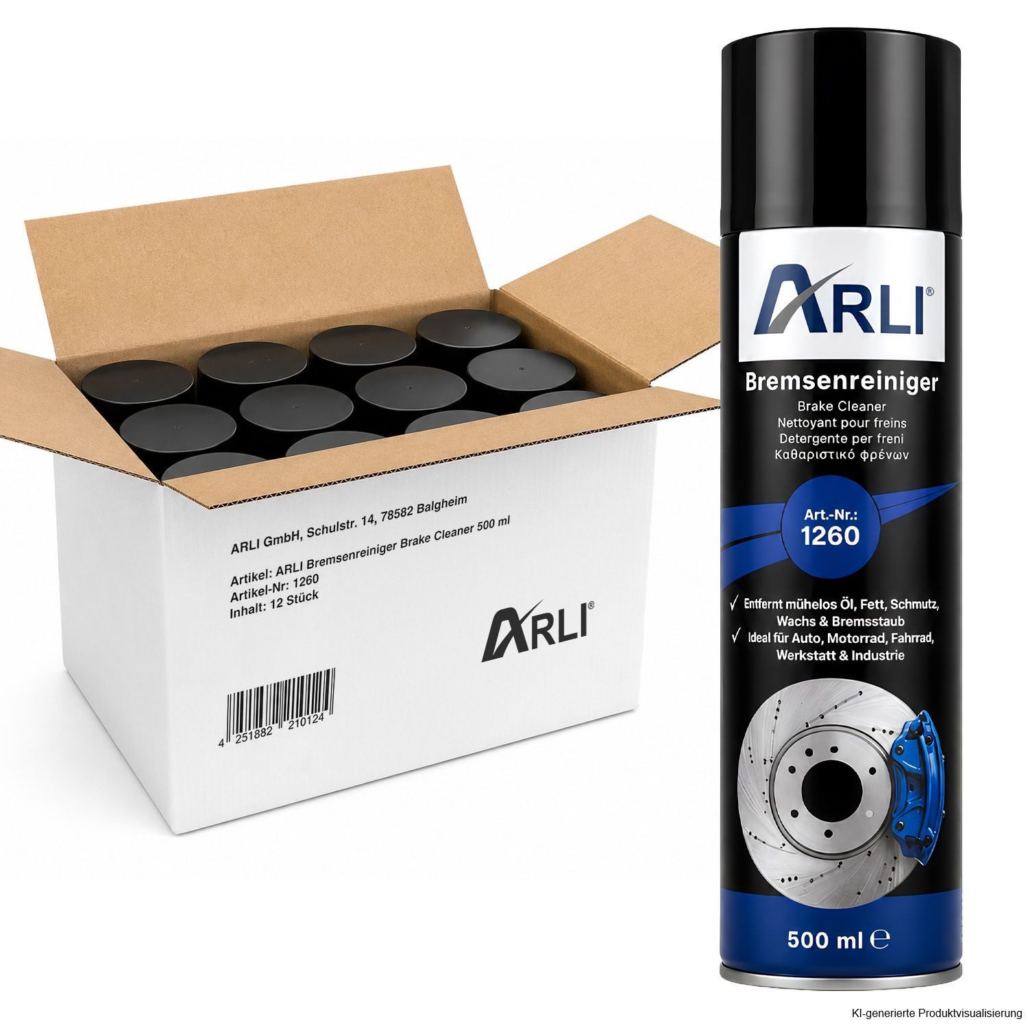 ARLI Bremsreiniger Spray Bremsen Bremsenreiniger (Spar-Set, [12-St. 12er Set 500ml Kupplungsreiniger 360° Aerosol Reiniger)