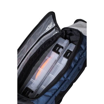 Rapala Angelrucksack Rapala Countdown Backpack Rucksack Blau Grau, Gepolsterte, verstellbare Schultergurte aus 3D-Mesh mit Brustgurt und Befestigungspunkten für Werkzeug, Belüftende 3D-Mesh-Rückenstütze, Abnehmbare und verstellbare Klettverschlüsse zum Transport von Ruten und Kescher, Fronttasche, YKK-Reißverschlüsse und -Zugbänder, Leicht zugängliches Hauptfach mit internen Reißverschlusstaschen, Erweiterbare Seitentasche mit Reißverschluss für Wasserflaschen, Obere Reißverschlusstasche für kleine Ausrüstung, Gepolsterte Reißverschlusstasche auf der Rückseite für 15'' Laptop, Bietet Platz für zwei Angelkisten (35,6cm x 22,9cm x 3,5cm) (separat erhältlich)