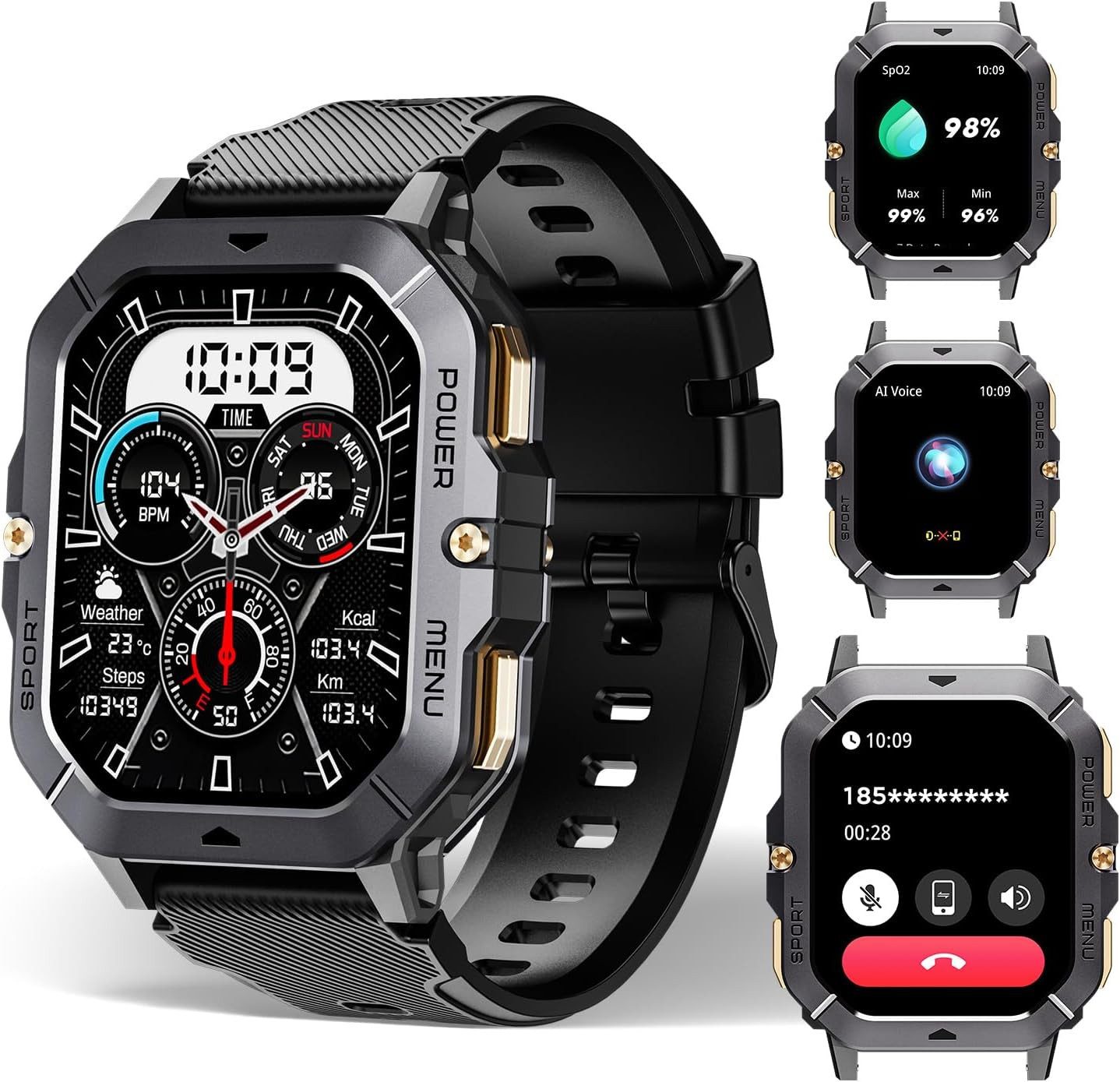 OUKITEL Wasserdichte und Robuste Uhr Smartwatch (2,02 Zoll, Android, iOS), mit Telefonfunktion, 100+Sportmodi mit Pulsmesser Schlafmonitor 5ATM
