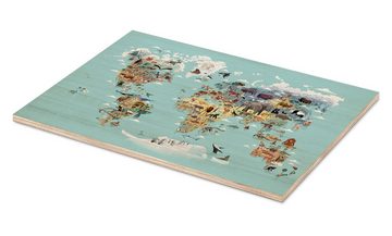 Posterlounge Holzbild Dieter Braun, Weltkarte der Tiere, Badezimmer Kindermotive