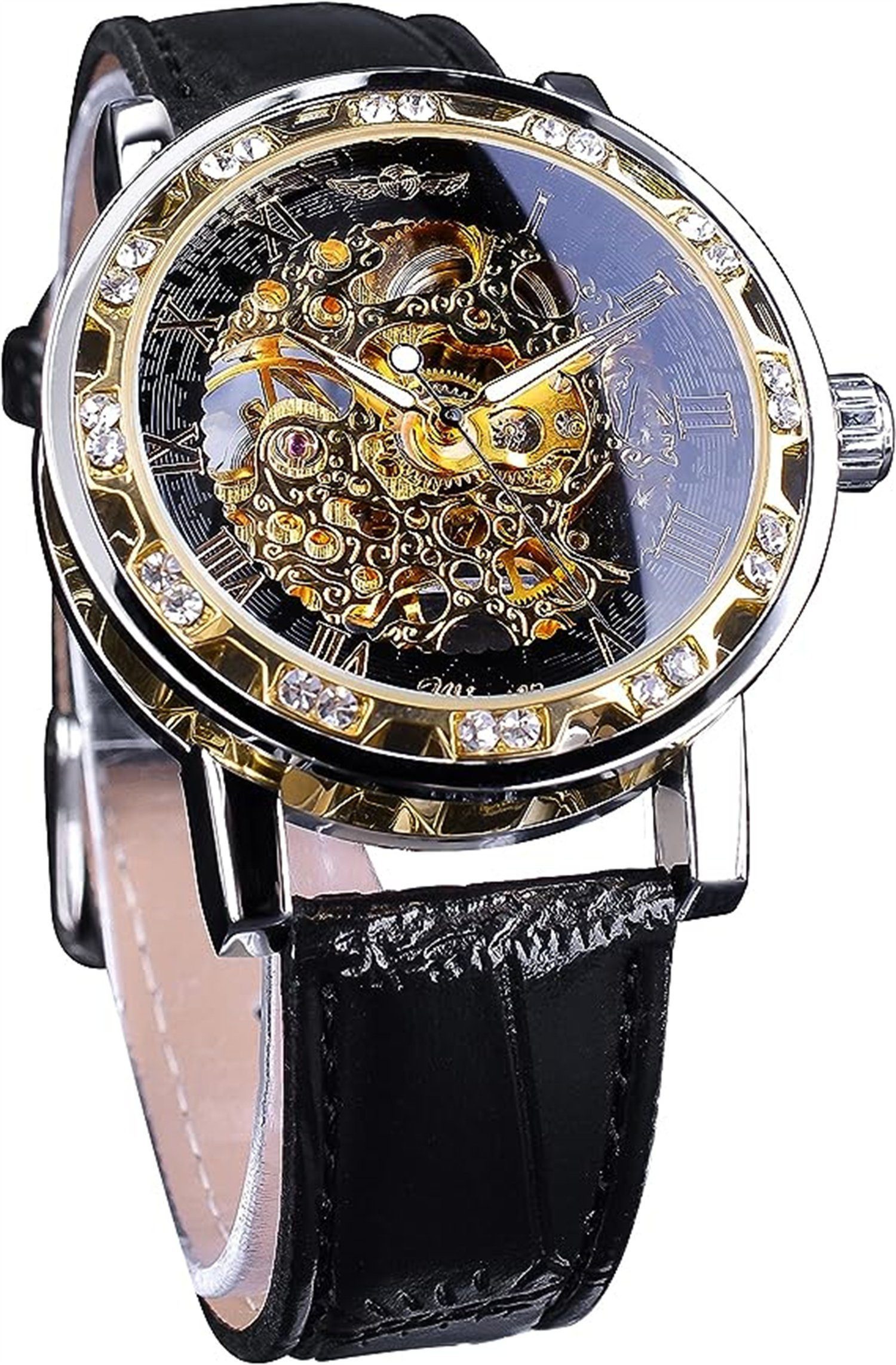 Gontence Mechanische Uhr Fashion Diamant Display Herren Skelett Uhr, Mechanisch