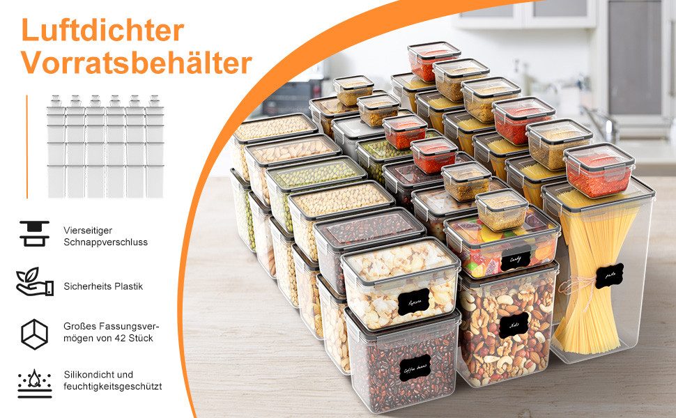 Simloveve Vorratsdose, (42 Stück Vorratsdosen Set, BPA-frei, 42-tlg., Plastik Aufbewahrungsbox mit Deckel Luftdicht), 2800ml, 2000ml, 1400ml, 800ml, Küche Aufbewahrung & Organisation