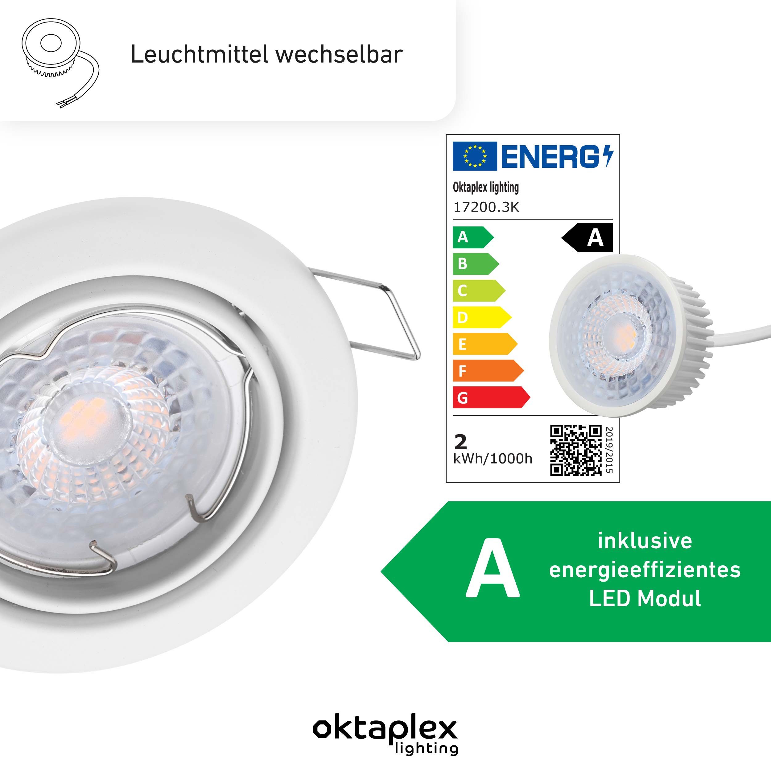 Oktaplex lighting LED Einbaustrahler Dijon Deckenstrahler weiß, inklusive Leuchtmittel, warmweiß, 3000K 345lm 1,9W Deckenspot 230V