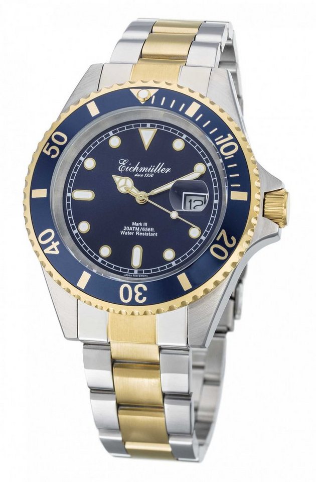 Eichmüller Taucheruhr 3460-10, Bicolor Blau, Edelstahlband, 43 mm, 20 ATM wasserdicht, 3460-10, sportlich und robust, mit Datumslupe
